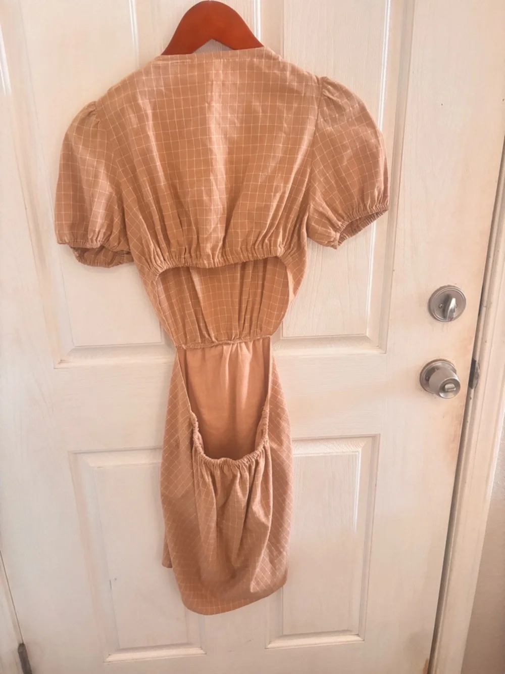 Promesa Beige Grid Puff Sleeve Cutout Back Tie Waist Dress XS Boho Cottagecore - Picture 6 of 6